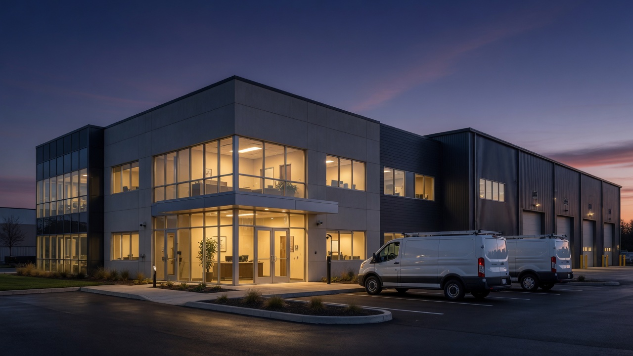 Commercial building and work fleet, representing commercial insurance